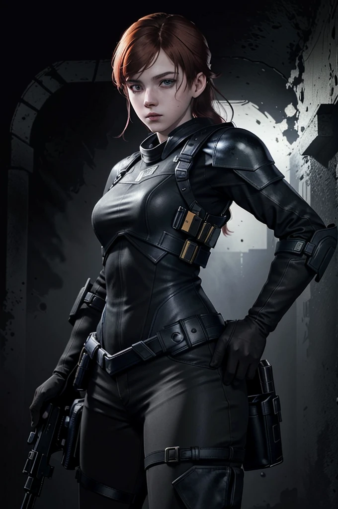 (masterpiece, best quality)
SherryRE, solo, red hair, realistic, long hair, 1girl, black background, dark blue eyes, upper body, lips, parted lips, simple background, dark, combat suit, pistol
