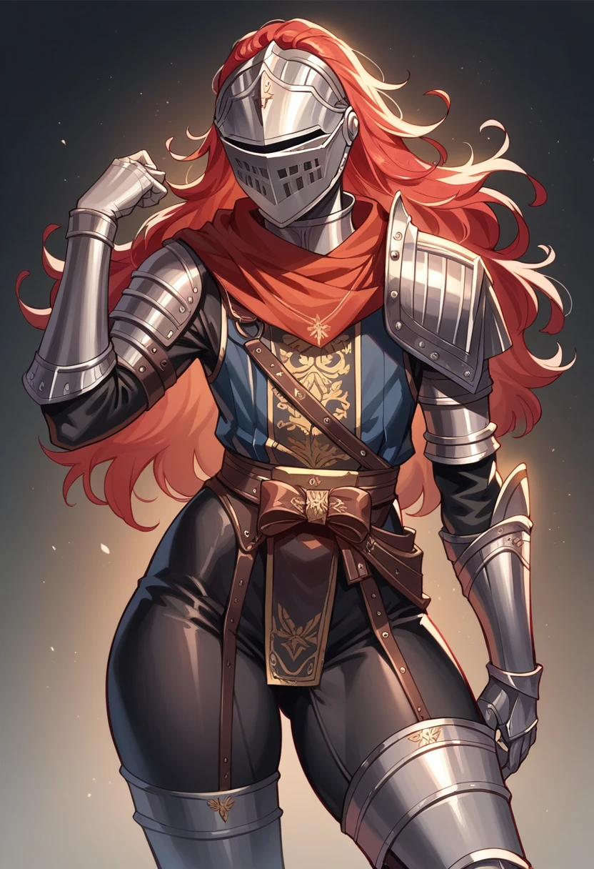 An elegent female knight, plate armour, black bodysuit, flowing red hair, helmet, sharp helmet, silver armour, thick thighs, flat chested, posing, pin-up pose, promiscuous armour