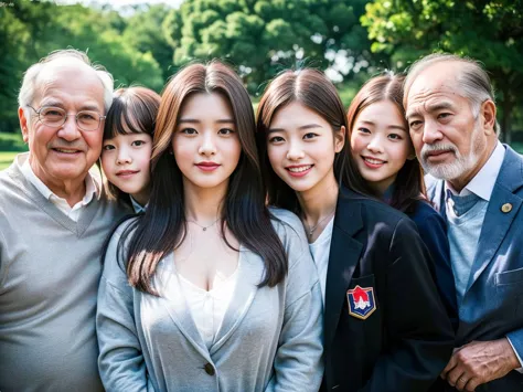 (a young and beautiful korean female president dressed as a politician is seen with her elderly gray-haired grandfather and bear...