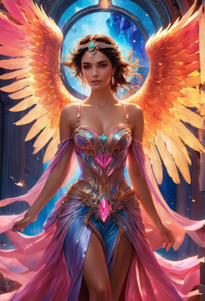 detalhes altos, melhor qualidade, 16k, [melhor detalhado], obra de arte, melhor qualidade, (extremamente detalhado), uma foto de uma bela anjo latina feminina, olhando através de um portal mágico para o inferno, o portal tem mágicos pink wards mágicos sobre ele, ela vê o inferno de fogo e o inferno rolante faize , Runas Brilhantes_azul pálido, estilo brilhante, asas emplumadas