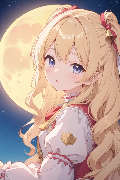 long wavy blonde hair、about 12 years old、face close-up、cute clothes with lots of frills、a big moon above the girl&#39;s head、bat...