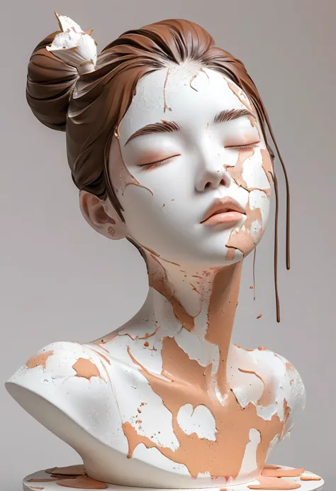 artistic statues，3d sculpture，ceramics，surface cracks，shattered texture，white cake，delicious tea powder，minimalist sculpture，3d，...