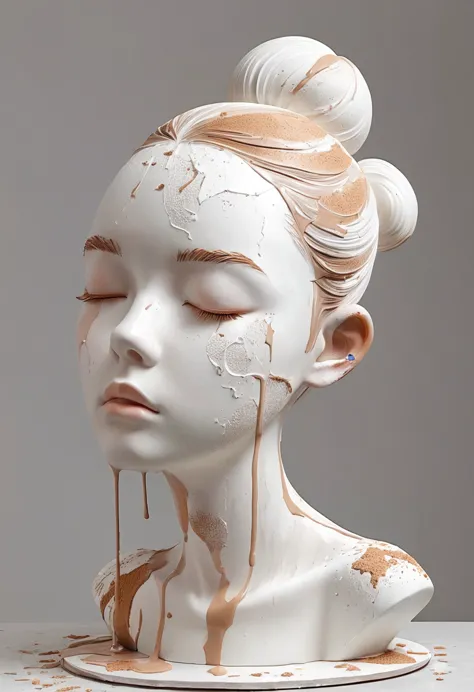 artistic statues，3d sculpture，ceramics，surface cracks，shattered texture，white cake，delicious tea powder，minimalist sculpture，3d，...