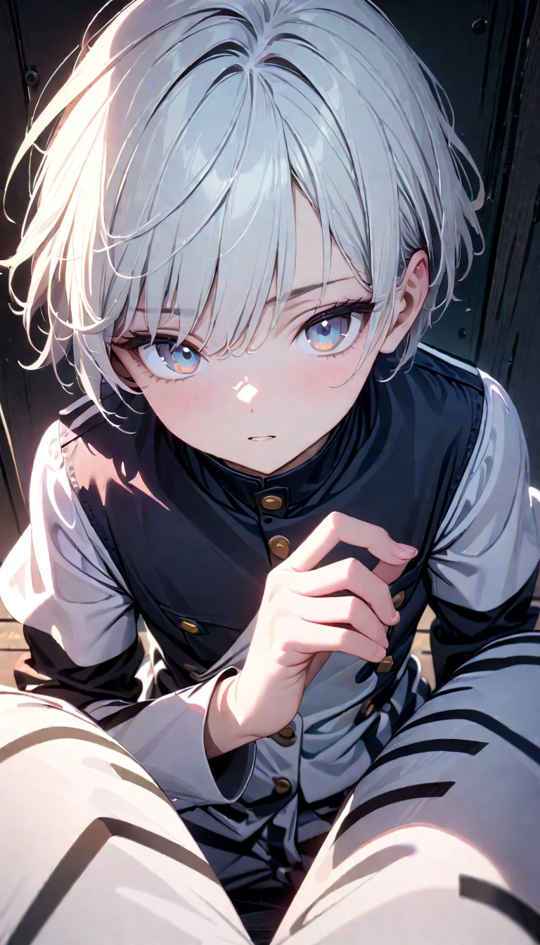 (8k, RAW photos, best quality, masterpiece: 1.4), (((Boy examining himself)))，Ultra-high resolution, Extremely detailed, Dim Lights, Upper body close-up, handsome boy, black eyes, (delicate eyes, Eyes are bright:1.2), Gray short hair, Fair skin,dark, Black and white striped prison uniform,Black and white striped prison pants,(perfect anatomy:1.2), High-quality shadows, Natural Lighting, (White highlights:1.2), night, cloudy day, (Dimly lit cells:1.2), (Metal walls all around:1.2)