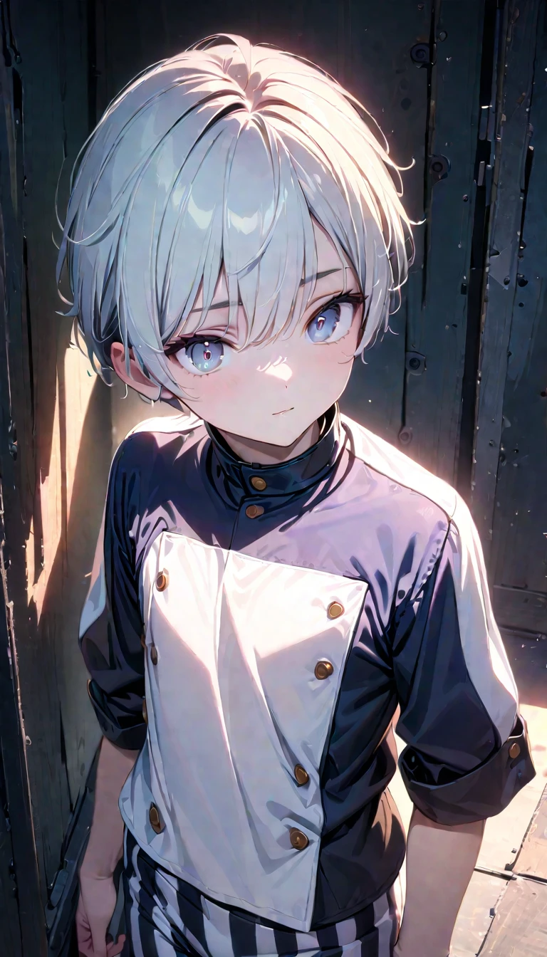 (8k, RAW photos, best quality, masterpiece: 1.4), (((Boy examining himself)))，Ultra-high resolution, Extremely detailed, Dim Lights, Upper body close-up, handsome boy, black eyes, (delicate eyes, Eyes are bright:1.2), Gray short hair, Fair skin,dark, Black and white striped prison uniform,Black and white striped prison pants,(perfect anatomy:1.2), High-quality shadows, Natural Lighting, (White highlights:1.2), night, cloudy day, (Dimly lit cells:1.2), (Metal walls all around:1.2)