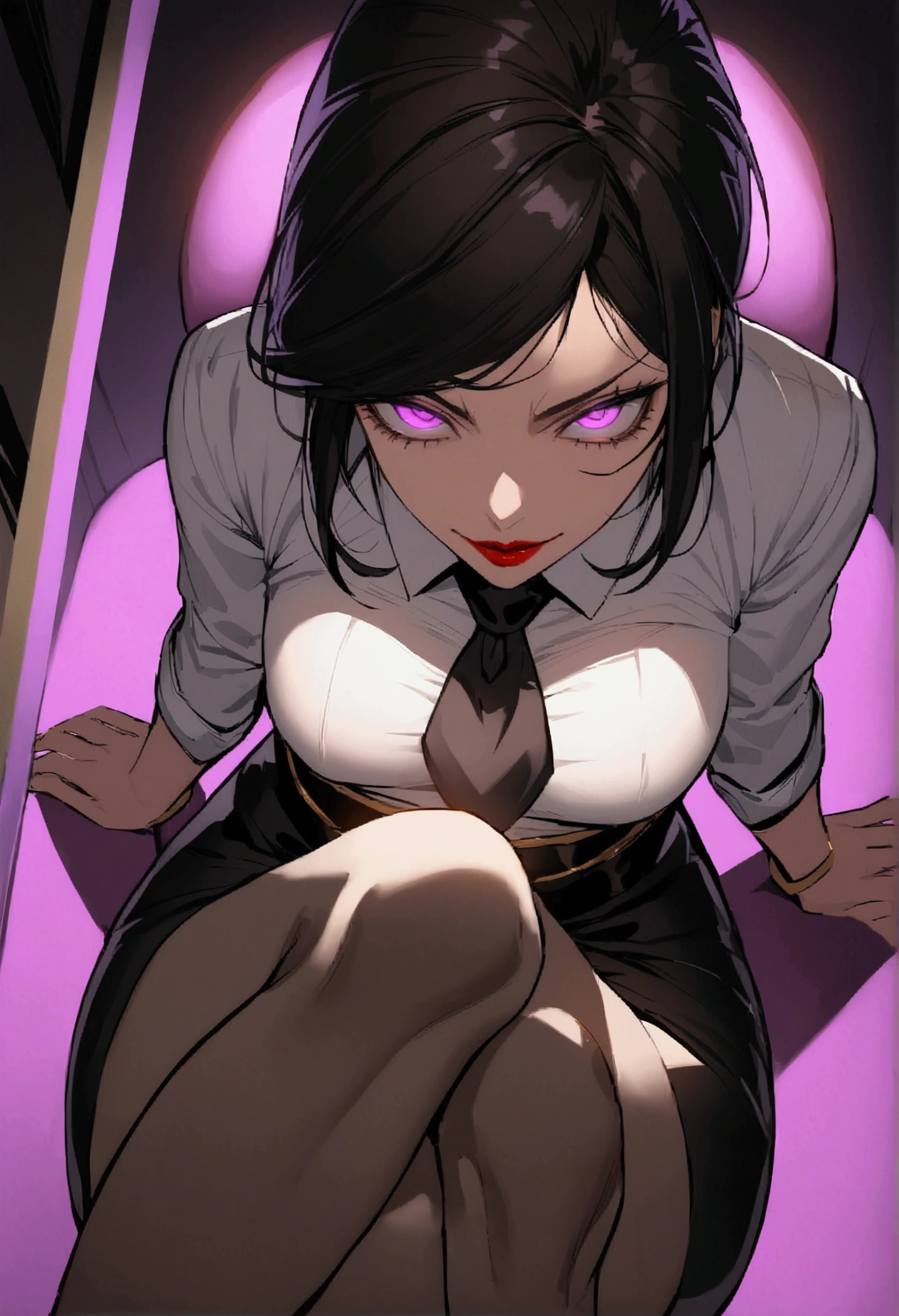 juri han, work of art, tight white secretary shirt with black tie, black high waist skirt, short skirt,stocking, black hair, black tightscary sun,office,bangs on the eyes,Lighting, hair with purple details,view from above,staring overhead,evil smile,sitting,cross legs,glowing purple eyes,red lips,The eyes
