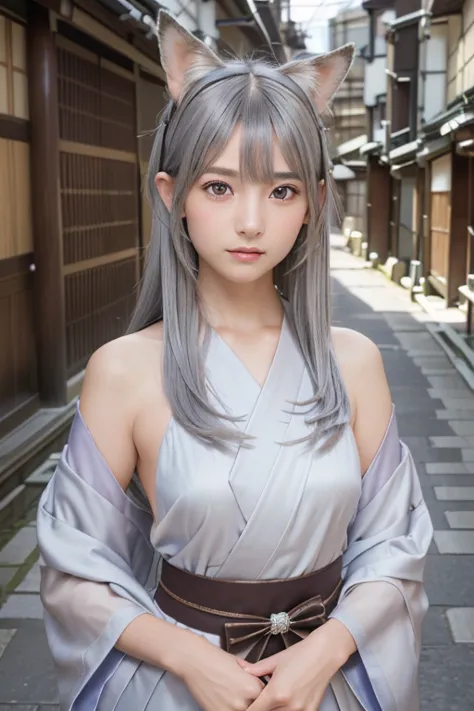 ((Silver Hair))、Small fox ears、one girl, (a beauty girl, delicate girl:1.3), (12 years old, change:1.3), break,((Shrine maiden c...