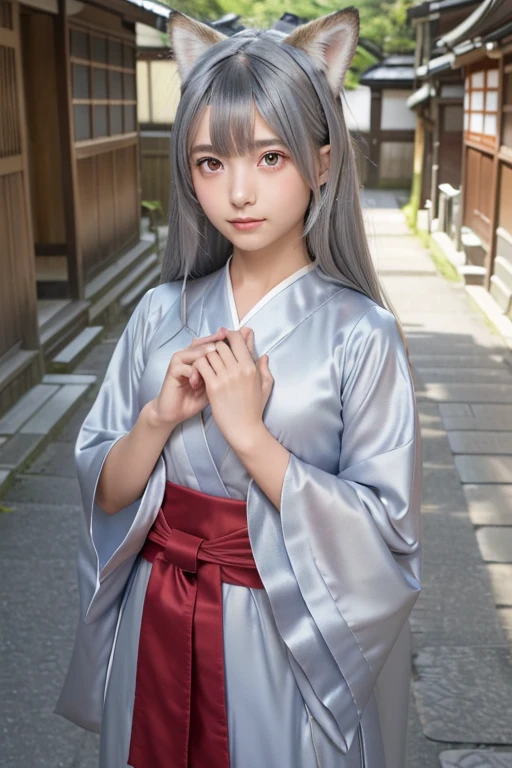 ((Silver Hair))、Small fox ears、one girl, (a beauty girl, delicate girl:1.3), (12 years old, change:1.3), break,((Shrine maiden costume)),(Brown fox ears) break, Definition of Very Fine Particles, (Symmetrical eyes:1.3), break, (alley, Kyoto:1.3), perfectly trimmed fingers, break, Small breasts, Brown eyes, Parted bangs, Brown Hair, girl, break, (Eye and facial details:1.0), break, (masterpiece, Highest quality, Very detailed, Detailed face, 8k)