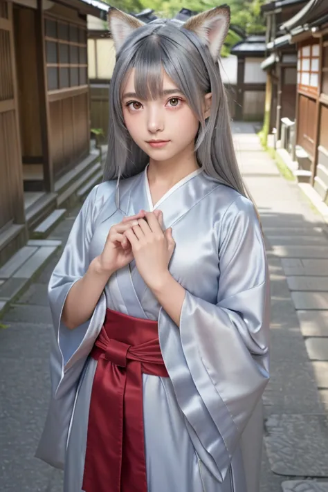 ((Silver Hair))、Small fox ears、one girl, (a beauty girl, delicate girl:1.3), (12 years old, change:1.3), break,((Shrine maiden c...