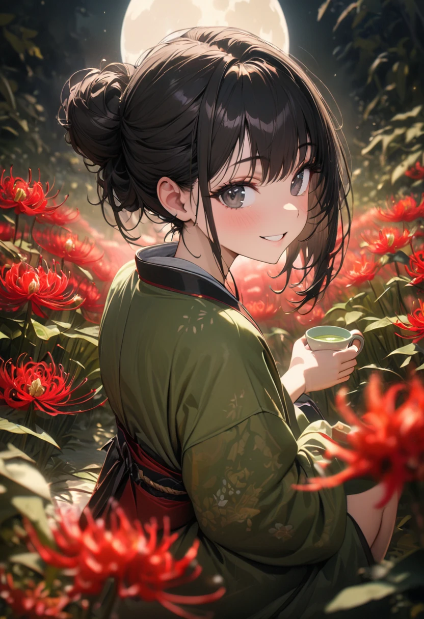 a girl, happy, smiling, squatting, looking at viewer, looking to the left, hair bun, black hair, black eyes, big eyes, green kimono, In a field of Red spider lilies flower garden, with a full moon, at night, cute, beautiful, fantasy, chill atmosphere, vibrant academia, closeup shot, on left, side view, birds-eye view, best quality, masterpiece, detailed, high quality, ultra detailed, hyper detailed, insanely detailed, exquisite, beautiful, Full-HD, 16K, highres, absurdres, moonlight, directional light, soft lighting, in focus with blurred background, Perfect Hand Style, Hold out the teacup, green tea, yunomi, Japanese teacup,