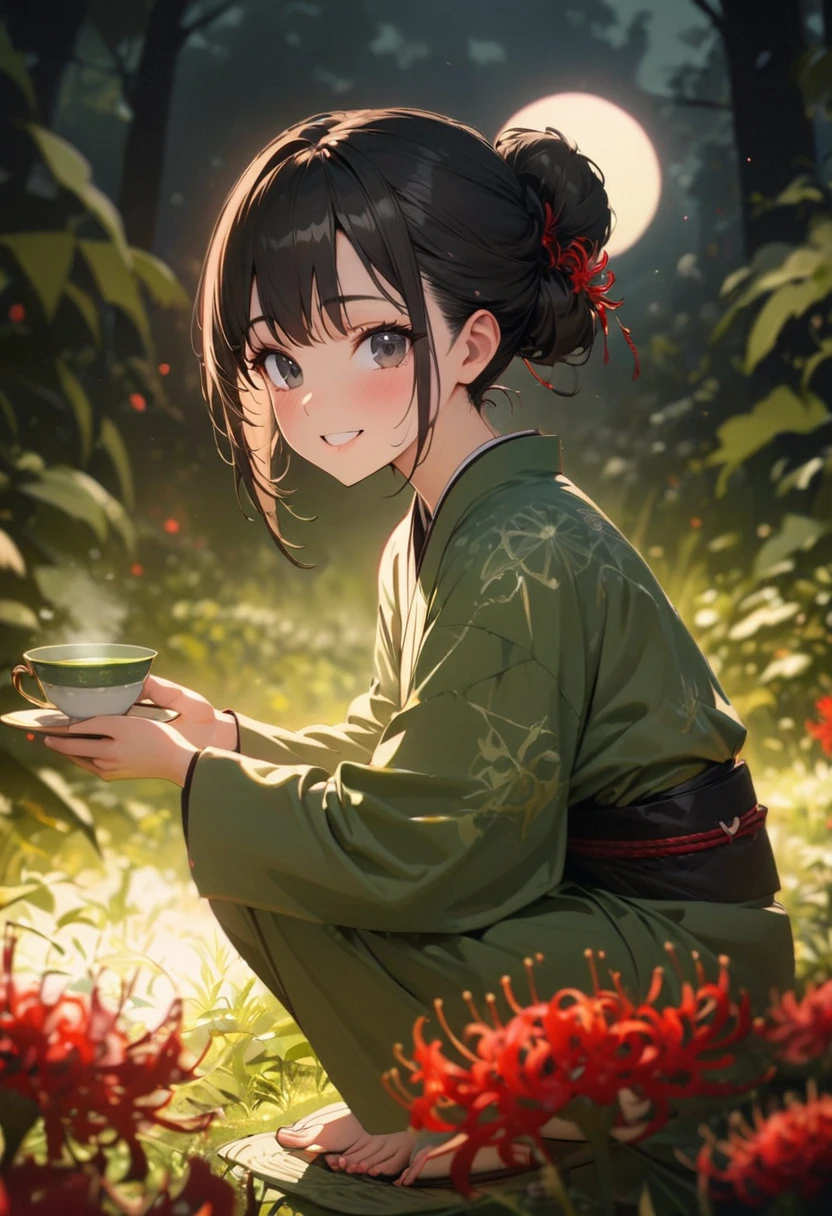 a girl, happy, smiling, squatting, looking at viewer, looking to the left, hair bun, black hair, black eyes, big eyes, green kimono, In a field of Red spider lilies flower garden, with a full moon, at night, cute, beautiful, fantasy, chill atmosphere, vibrant academia, closeup shot, on left, side view, birds-eye view, best quality, masterpiece, detailed, high quality, ultra detailed, hyper detailed, insanely detailed, exquisite, beautiful, Full-HD, 16K, highres, absurdres, moonlight, directional light, soft lighting, in focus with blurred background, Perfect Hand Style, Hold out the teacup, green tea, yunomi, Japanese teacup,