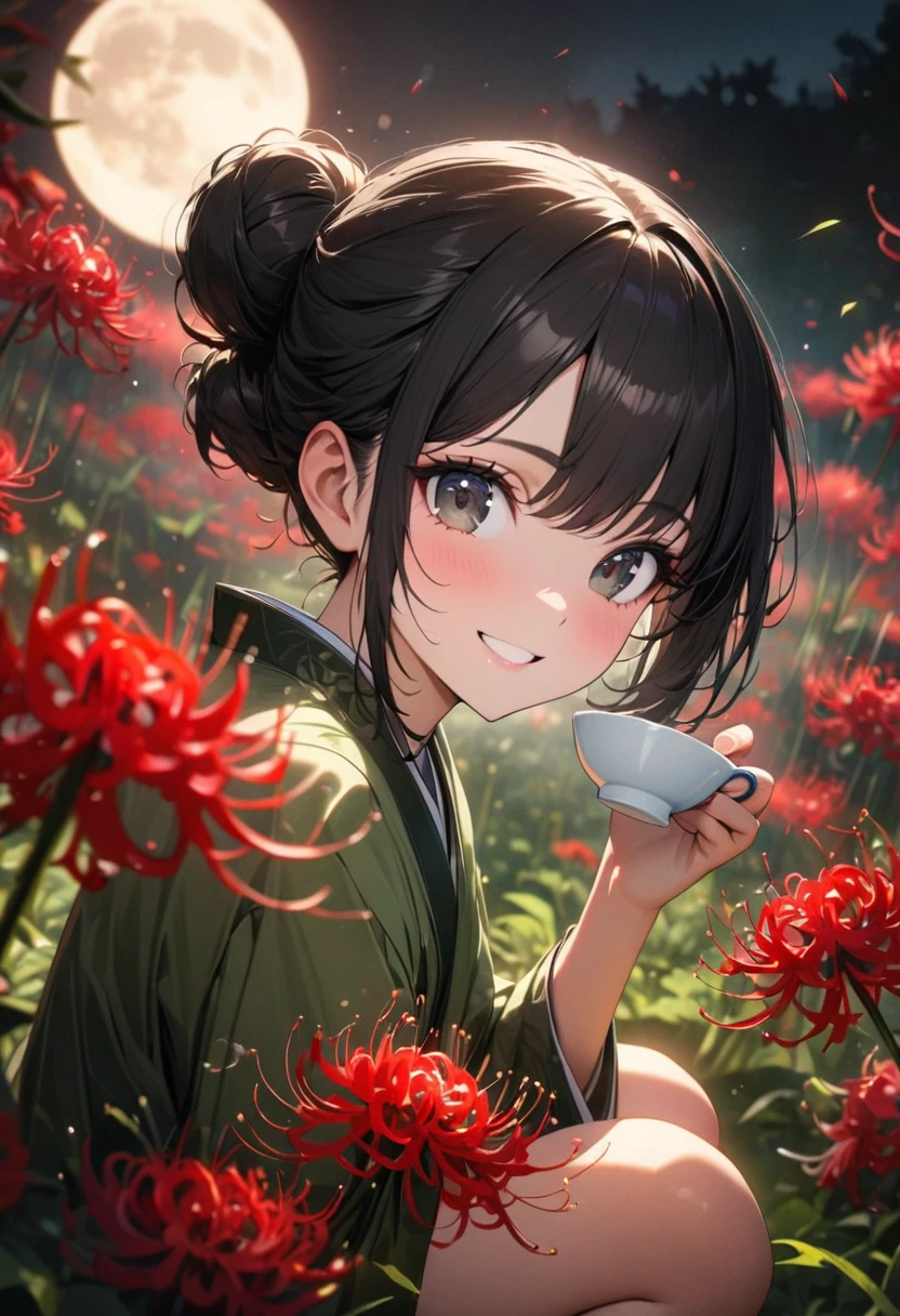 a girl, happy, smiling, squatting, looking at viewer, looking to the left, hair bun, black hair, black eyes, big eyes, green kimono, In a field of Red spider lilies flower garden, with a full moon, at night, cute, beautiful, fantasy, chill atmosphere, vibrant academia, closeup shot, on left, side view, birds-eye view, best quality, masterpiece, detailed, high quality, ultra detailed, hyper detailed, insanely detailed, exquisite, beautiful, Full-HD, 16K, highres, absurdres, moonlight, directional light, soft lighting, in focus with blurred background, Perfect Hand Style, Hold out the teacup, green tea, yunomi, Japanese teacup,