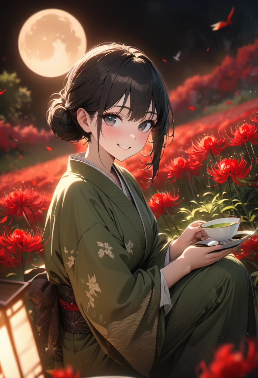 a girl, happy, smiling, squatting, looking at viewer, looking to the left, hair bun, black hair, black eyes, big eyes, green kimono, In a field of Red spider lilies flower garden, with a full moon, at night, cute, beautiful, fantasy, chill atmosphere, vibrant academia, closeup shot, on left, side view, birds-eye view, best quality, masterpiece, detailed, high quality, ultra detailed, hyper detailed, insanely detailed, exquisite, beautiful, Full-HD, 16K, highres, absurdres, moonlight, directional light, soft lighting, in focus with blurred background, Perfect Hand Style, Hold out the teacup, green tea, yunomi, Japanese teacup,