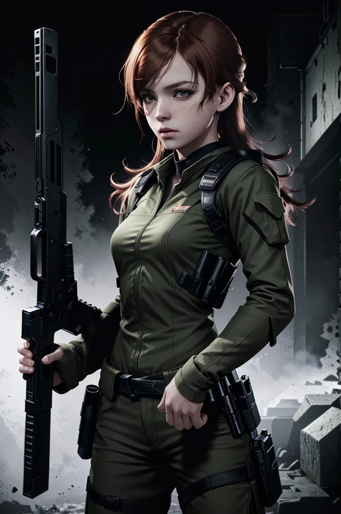 (masterpiece, best quality)
solo, red hair, realistic, long hair, 1girl, black background, green eyes, upper body, lips, parted lips, simple background, dark, combat suit, pistol
