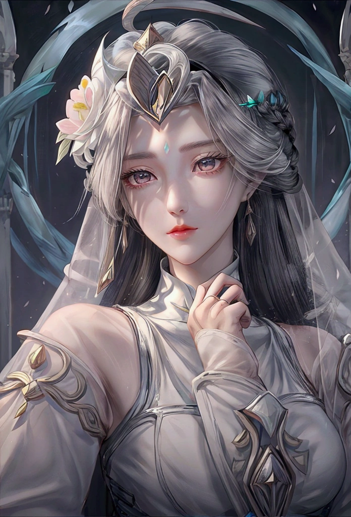 Masterpiece, Superb Girl, Night Moon Full Moon, 1 Female, Mature Woman, Sister, Royal Sister, Cold Face, Expressionless, Silver-White Long-Haired Woman, Light Pink Lips, Calm, Intellectual, Three-banded Gray Eyes, Assassin Short Knife, Flower Ball Background, Hand Details, Finger Details, Facial Details, Eye Details,