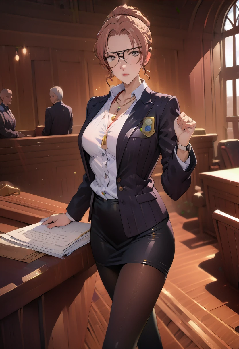 ((masterpiece, Top quality, high resolution, highly detailed CG unified 8K wallpaper, Reality, RAW photos, 8K)), (female lawyer, Convincing jurors in court:1.3), (Wearing a black suit, White shirt and black tight skirt, Black pantyhose:1.2), Silver-rimmed glasses and a thin watch, Small gold badge on left chest of suit, A hand holding a bundle of documents, The other hand holds a pen, View from behind, Watch from below, Back to,