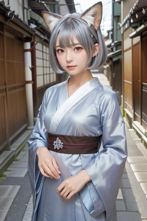 ((Silver Hair))、Short Hair、Small fox ears、one girl, (a beauty girl, delicate girl:1.3), (12 years old, change:1.3), break,((Shrine maiden costume)),(Brown fox ears) break, Definition of Very Fine Particles, (Symmetrical eyes:1.3), break, (alley, Kyoto:1.3), perfectly trimmed fingers, break, Small breasts, Brown eyes, Parted bangs, Brown Hair, girl, break, (Eye and facial details:1.0), break, (masterpiece, Highest quality, Very detailed, Detailed face, 8k)