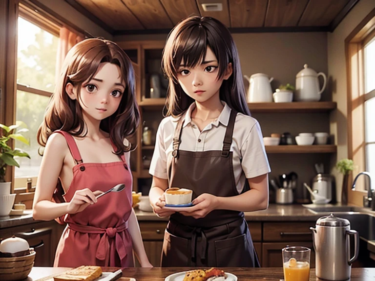 2 characters, An effeminate, flat-chested, brown-eyed, brown-haired boy with a girlish face and shoulder-length hair and a long-haired red-haired girl in aprons over her naked body are preparing breakfast in the kitchen, early morning