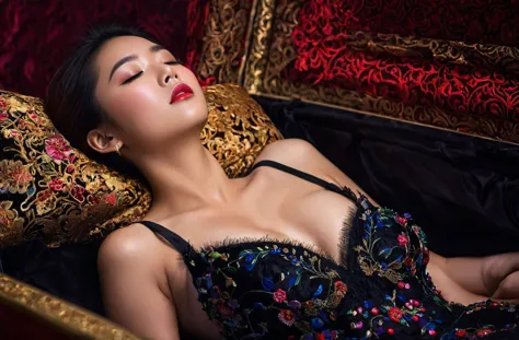 In a striking 8K HDR scene, a stunning Korean woman, 22 years old, lies peacefully in a black coffin surrounded by plush pillows...