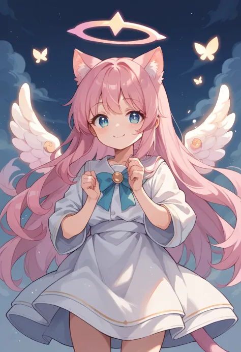 fantasic anime style,
kawaii shota,angel halo and wing,cat ear and tail,pink hair,wavy long hair,good night,smile,glitter of god...