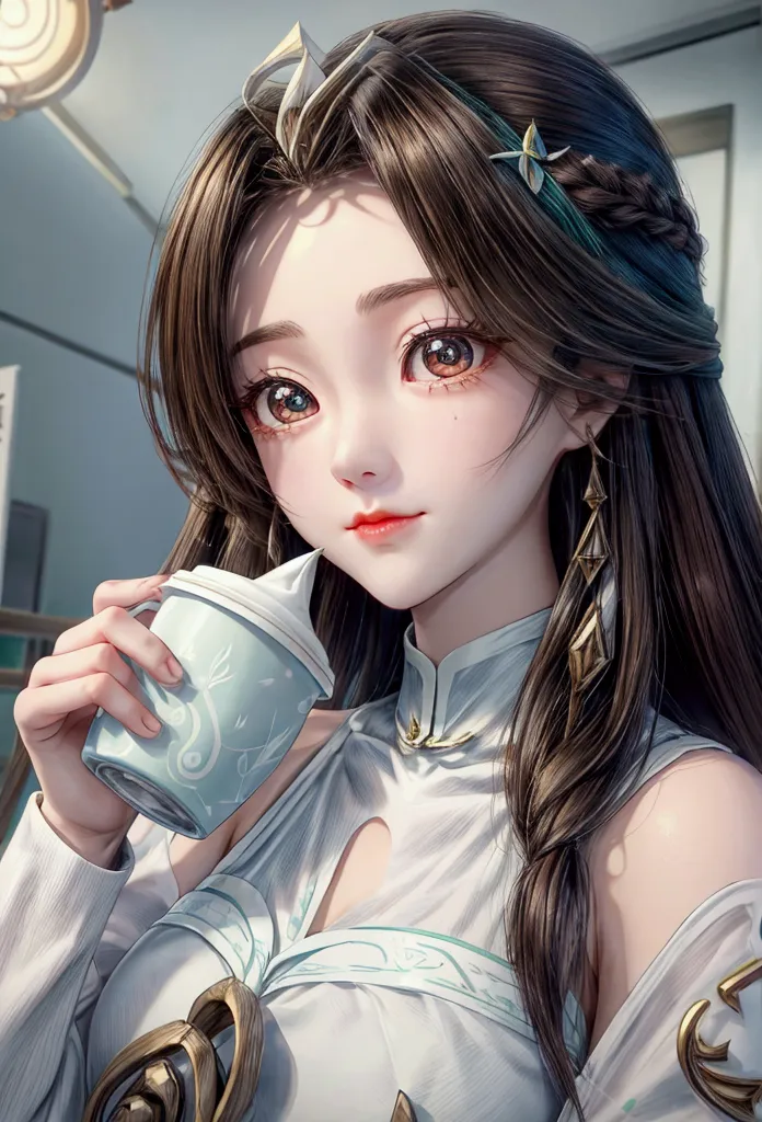 there is a young girl holding a cup of coffee in her hand, girl cute-fine-face, cute natural anime face, with cute - fine - face...