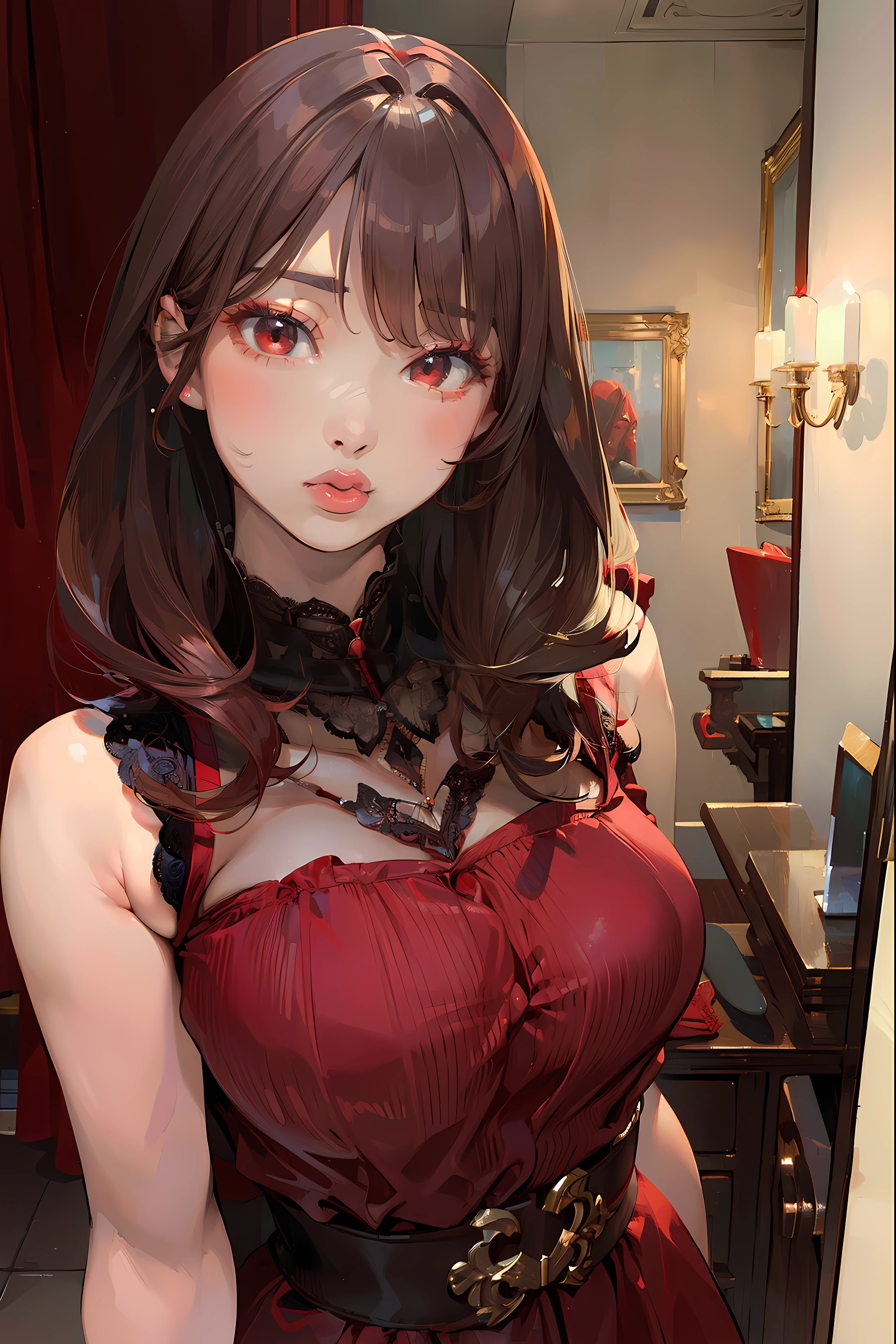 (masterpiece:1.2), super detailed, small breasts, Thin waist and thick hips, red dress, juicy lips, big lips, massive lashes, short hair, hair down, upward glance, glance up