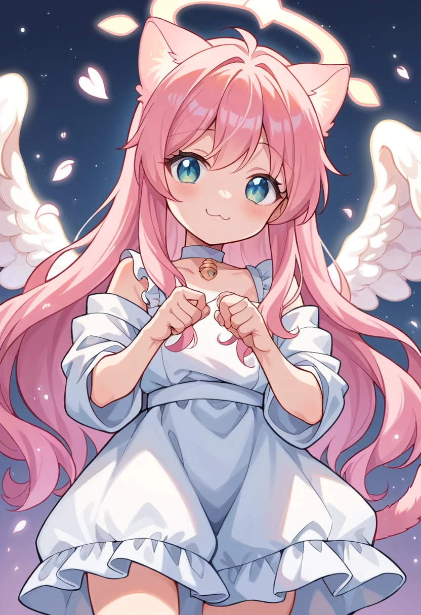 fantasic anime style,
kawaii shota,angel halo and wing,cat ear and tail,pink hair,wavy long hair,good night,smile,Glitter of god,Angelic Aura Burst,