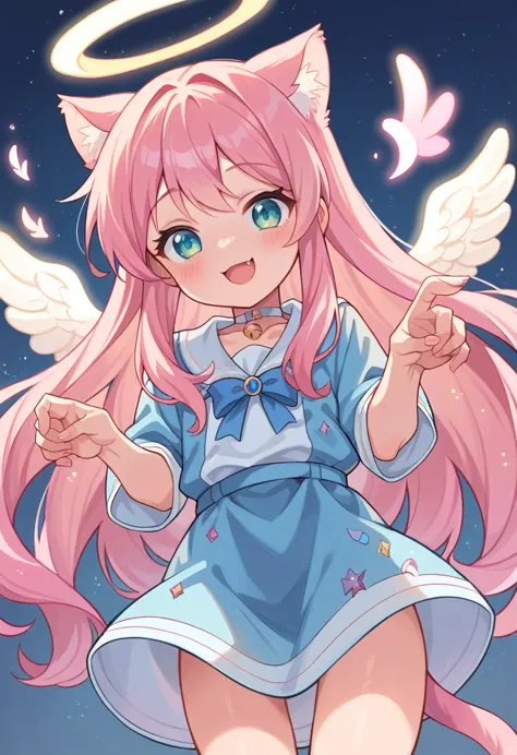 fantasic anime style,
kawaii shota,angel halo and wing,cat ear and tail,pink hair,wavy long hair,good night,smile,glitter of god...