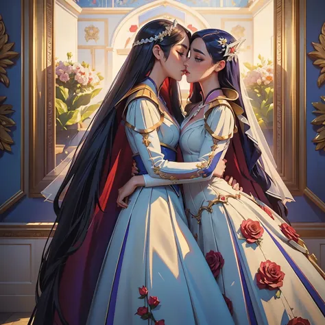 (masterpiece, highest quality, official art, beauty and aesthetic:1.5), perfect anatomy, two stunning bride is deeply in love wi...