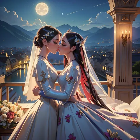 (masterpiece, highest quality, official art, beauty and aesthetic:1.5), perfect anatomy, two stunning bride is deeply in love wi...