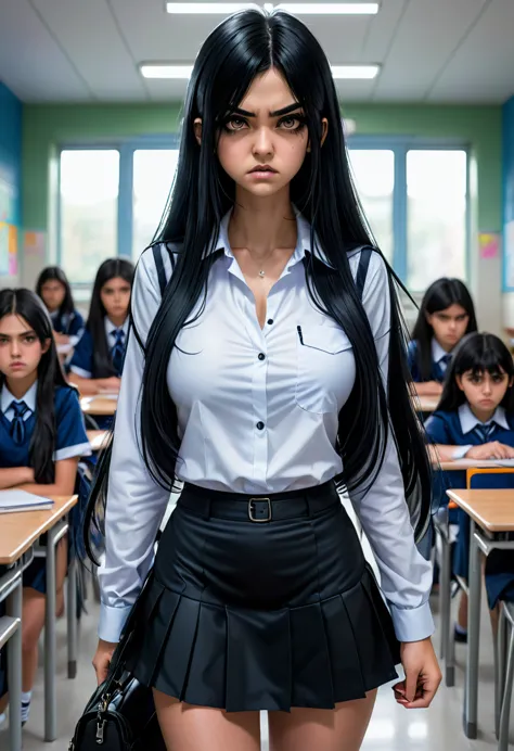 At school, a girl, frontal, long black hair, black short skirt, bag, angry, abusive, super detailed, 4k