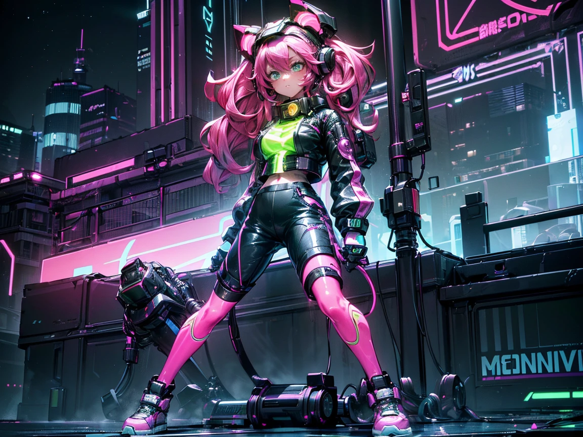 masterpiece:1.4, 1girl ((20year old, dressed in long sleeve shirt, tight black shorts, sneakers, medium breasts, multicolor pink hair, curly long hair, green eyes:1.4, Wearing headphones, looking towards camera, standing in a futuristic city street:1.1 tall sci-fi buildings in background:1.1, moonlight:1.2, neon and energetic atmosphere:1.2)) ((nighttime)) ((low camera angle, ground view)) ((solo:1.6))