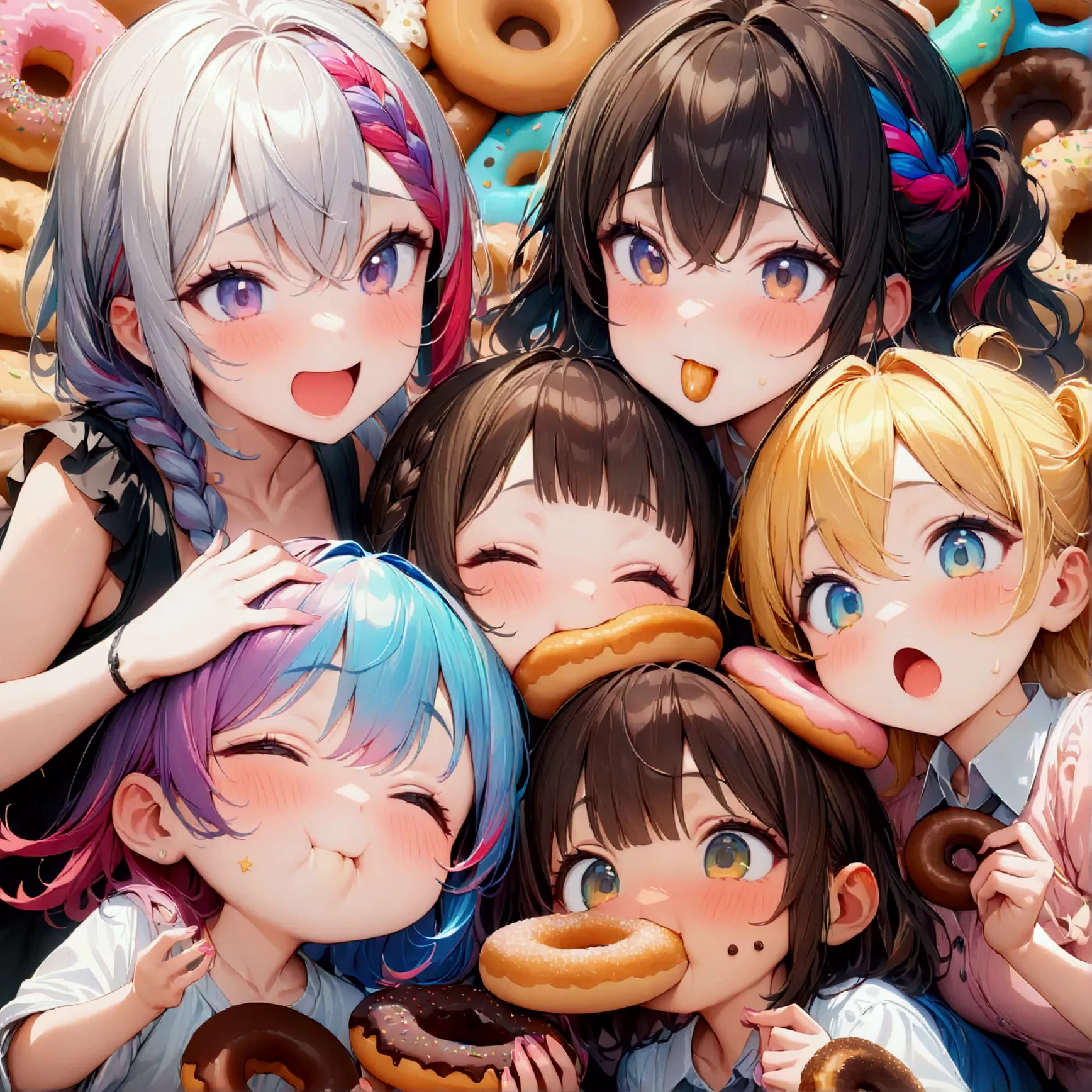 multiple girls, group picture, lineup, 3girls, girls eating donuts, colorful hair, various hairstyles, chibi, (masterpiece:1.2),...