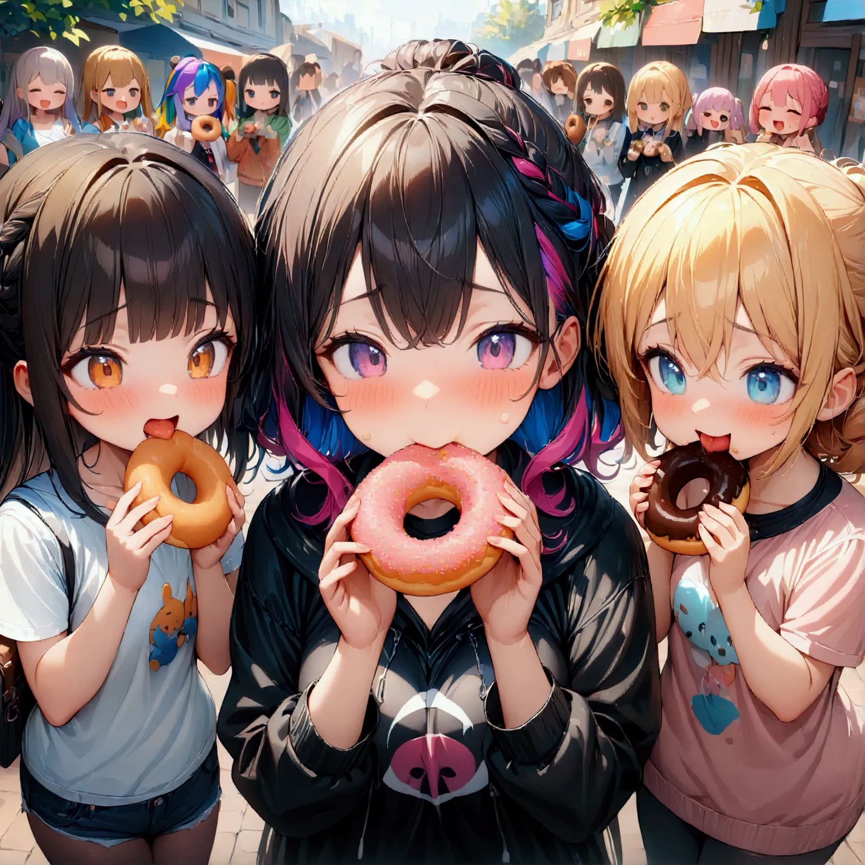 multiple girls, group picture, lineup, 3girls, girls eating donuts, colorful hair, various hairstyles, chibi, (masterpiece:1.2),...