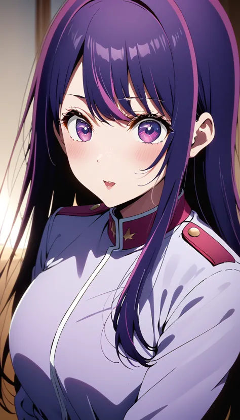 (highest quality、masterpiece、very detailed、4k)、one woman、17 years old、purple hair、long hair、(((hoshino ai)))、(((uniform)))