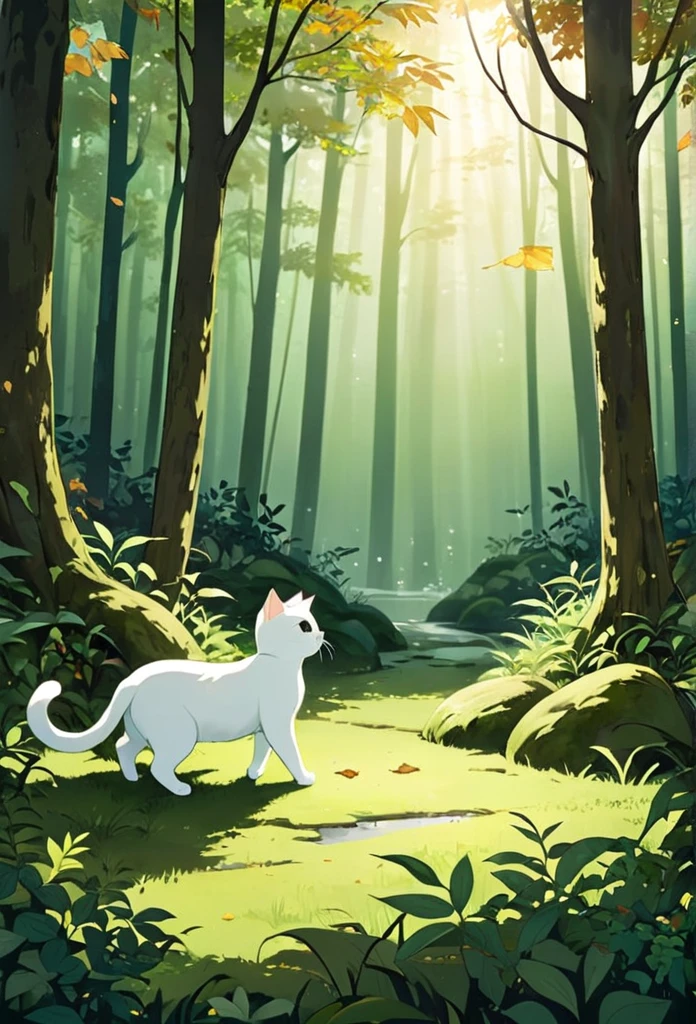 Please draw the white cat Milk and the mysterious forest scenery.。Please create an atmosphere where you can feel the quiet ambient sounds in a dimly lit forest.。Misty tree々or ground covered with fallen leaves、Imagine a scene where gentle light shines in.、Create a relaxing atmosphere。The color is soft.、Stick to deep greens and earth tones。