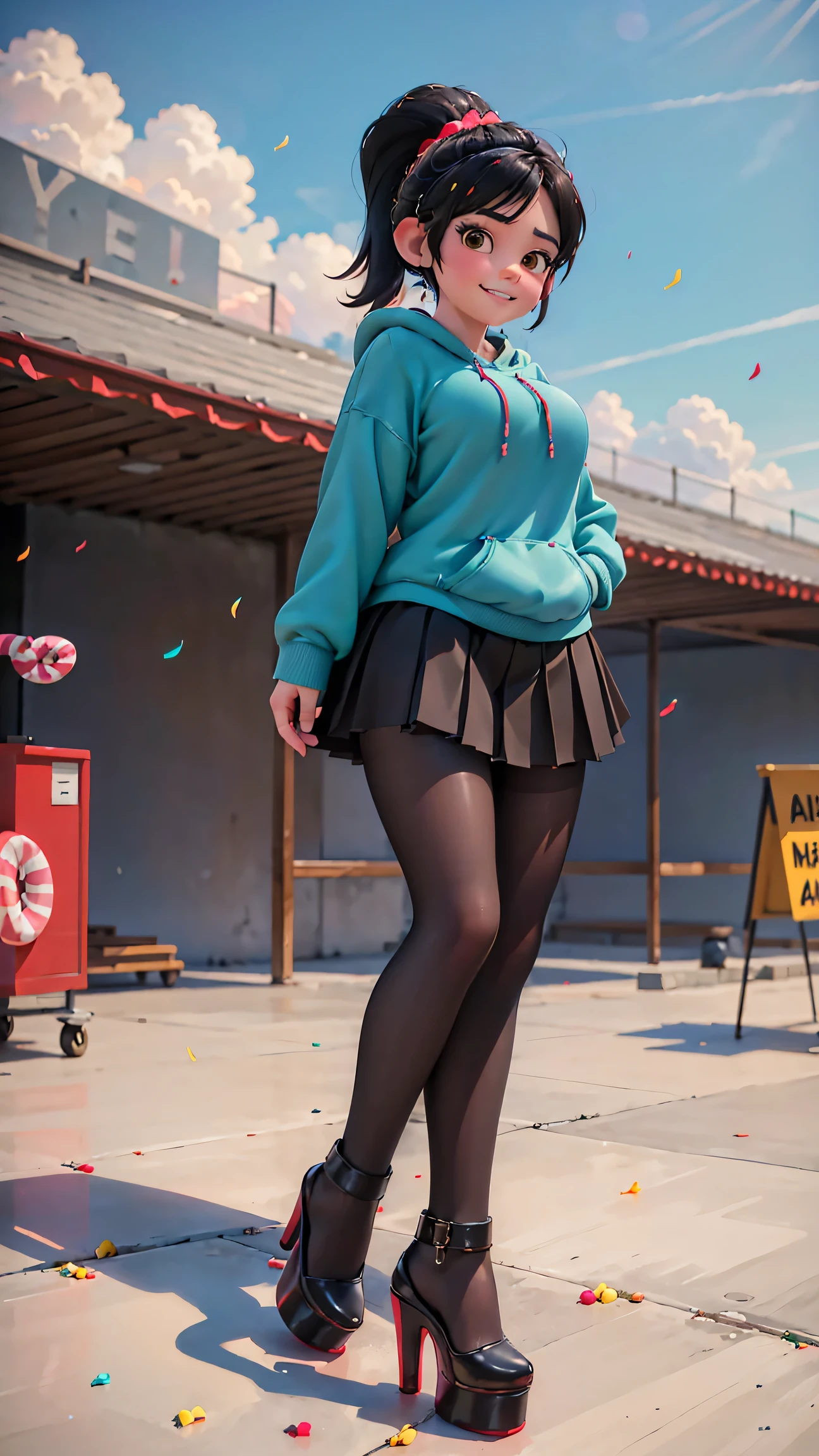 [Wreck_It_Ralph_Movie], ((masterpiece)), ((high quality)), ((HD)), ((beautiful portrait)), ((front view)), ((full body)), ((feet visible, open-toed tall platform high heels, platform high heels)), ((beautiful background)), {vanellope von schweetz, black hair, red scrunchy, short ponytail, (candy in hair:1.2), (cute half-closed brown eyes), adult woman, beautiful legs, curvy hips, large breasts, smug smirk, white teeth}, {(aqua sweatshirt), (brown tuffled skirt), (aqua striped pantyhose)}, {(standing on raceway), (hands in pockets), (looking at viewer)}, [Background: (racetrack), (confetti), (blue sky), (bright sun), (sun rays)]