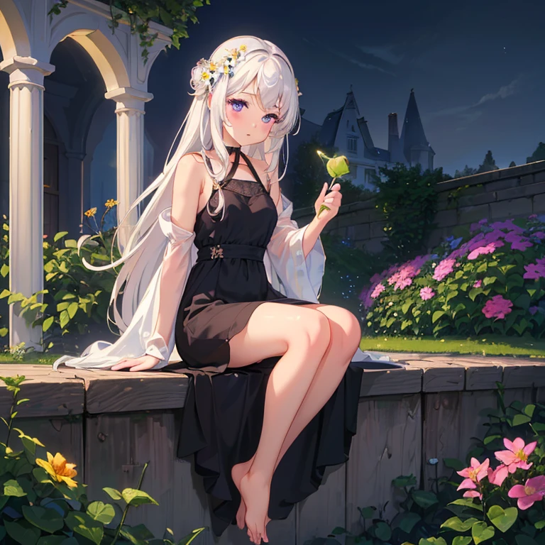 (best quality,4K,8K,high resolution,masterpiece:1.2),Very detailed,(Practical,photoPractical,photo-Practical:1.37),illustration,Soft Light,White hair girl,Deep purple eyes,Glowing eyes,sit down,barefoot,blush,Garden at night,Flowers.dew