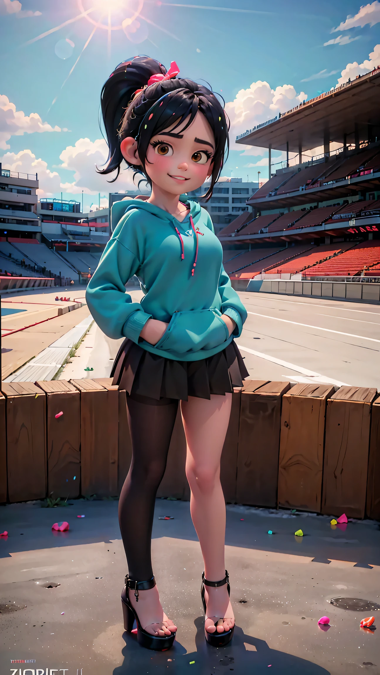 [Wreck_It_Ralph_Movie], ((masterpiece)), ((high quality)), ((HD)), ((beautiful portrait)), ((front view)), ((full body)), ((feet visible, visible feet, highly detailed feet, barefoot, platform high heels)), ((beautiful background)), {vanellope von schweetz, black hair, red scrunchy, short ponytail, (candy in hair:1.2), (cute half-closed brown eyes), adult woman, beautiful legs, curvy hips, side-boobs, smug smirk, white teeth}, {(aqua sweatshirt), (brown tuffled skirt), (aqua striped pantyhose)}, {(standing on raceway), (hands in pockets), (looking at viewer)}, [Background: (racetrack), (confetti), (blue sky), (bright sun), (sun rays)]