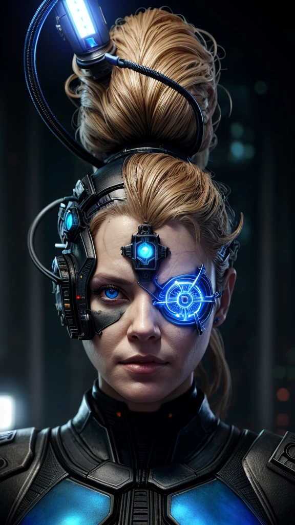 7of9 wearing blue sttldunf uniform,veins,borg,eyepatch,cable,luma,rosalina,detailed face,detailed eyes,detailed lips,metal texture,sci-fi,glowing lights jamesdaly artstyle,
