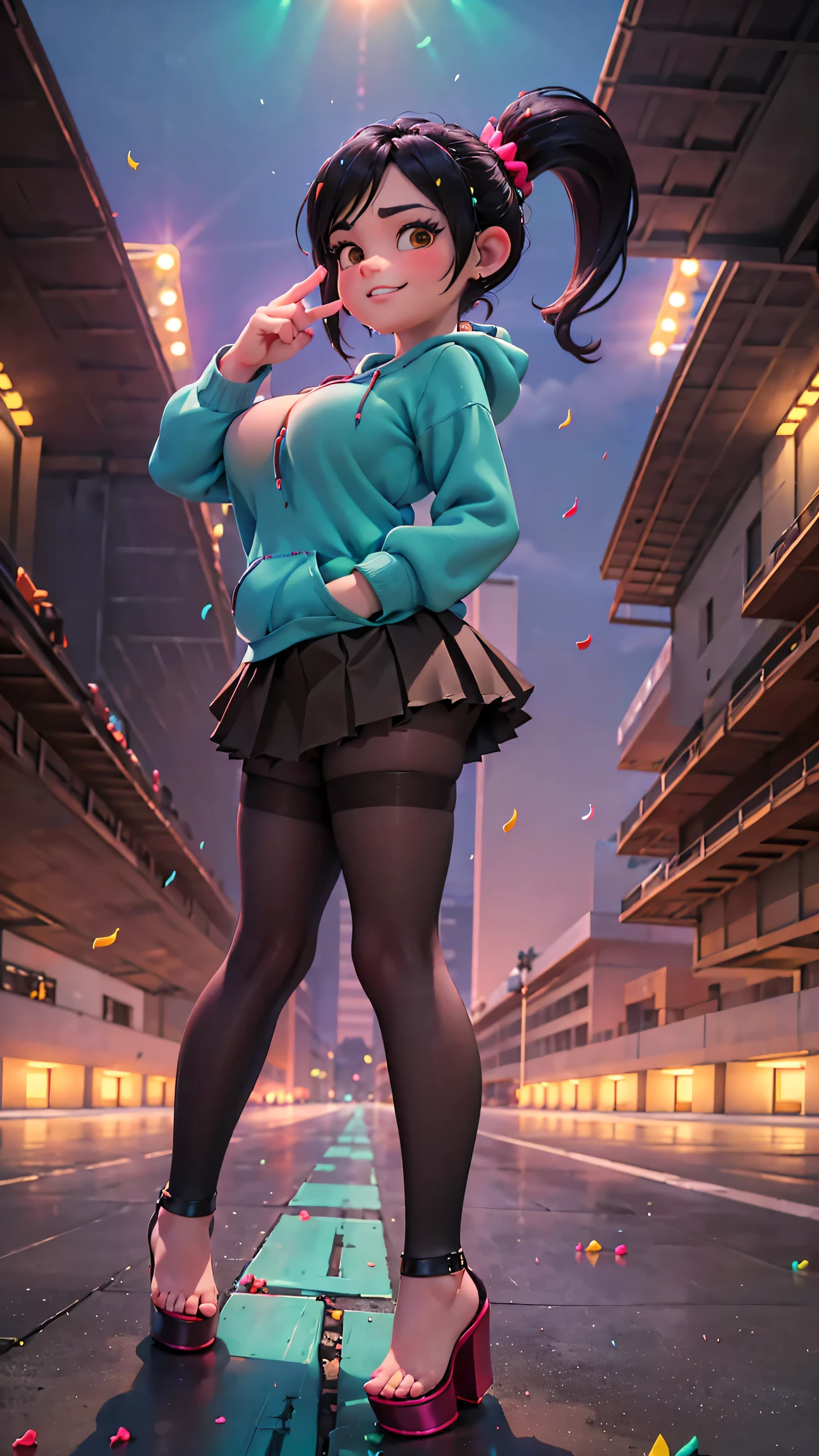 [Wreck_It_Ralph_Movie], ((masterpiece)), ((high quality)), ((HD)), ((beautiful portrait)), ((front view)), ((full body)), ((feet visible, visible feet, highly detailed feet, barefoot, platform high heels)), ((beautiful background)), {vanellope von schweetz, black hair, red scrunchy, short ponytail, (candy in hair:1.2), (cute half-closed brown eyes), adult woman, beautiful legs, curvy hips, side-boobs, smug smirk, white teeth}, {(aqua sweatshirt), (brown tuffled skirt), (aqua striped pantyhose)}, {(standing on raceway), (hands in pockets), (looking at viewer)}, [Background: (racetrack), (confetti), (blue sky), (bright sun), (sun rays)]