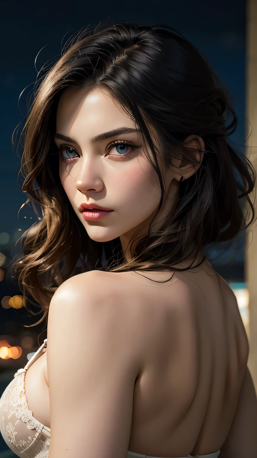 Very beautiful princess with bright eyes, Portrait of a 3 mature woman, Serious expression, rage, Ultra-realistic, Very detailed, Dynamic facial expressions, large natural breasts, Pastel Blue Dress, Fine and beautiful eyes, Beautiful lip detail, Very detailed目と顔, Long eyelashes, Detailed face, masterpiece, 最high quality, high quality, High resolution, sexy, sksbrooke People, sksbrooke, Browsing Caution, (masterpiece:1.2), (最high quality:1.2), Perfect Eyes, Perfect Face, (night),, (Cleavage), Upper Body, close, One girl, alone, Black eyes, (Large Breasts), Firm breasts, Nipples, elaborate lingerie, ､masterpiece, 最high quality, high quality, High resolution,View from behind､