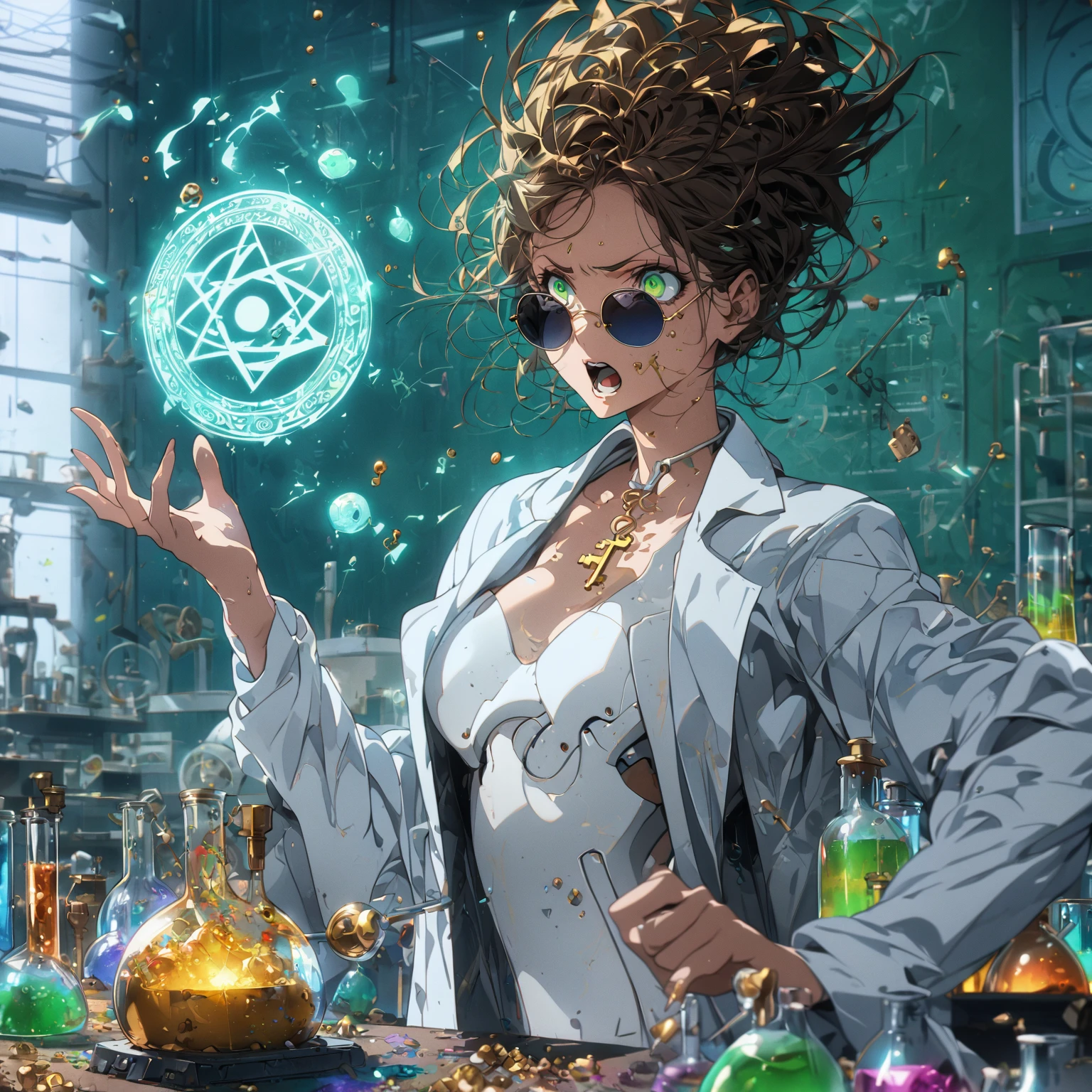 a very beautiful woman , random hair style, form-fitting suit, white lab coat, sunglasses, green eyes, in a laboratory, chemicals on the table, boiling potions, wearing sun glasses, she has the super power alchemize, she can turn wood to metal, and rubber into gold, her expression is Confused/Puzzled: Squinted eyes, raised eyebrow, tilted head, slightly open mouth, magic circle, magic power, casting spell, metal rod, gold and other tiny substances floating around her, (nude:0.8), detailed gorgeous face| anime style| key visual| intricate detail| highly detailed| breathtaking| vibrant| panoramic| cinematic| Carne Griffiths| Conrad Roset| gibbli 8k