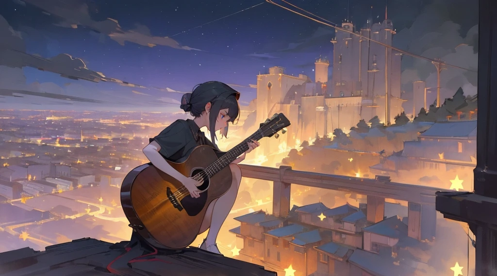 (masterpiece:1.3), (the best quality:1.2), 

masterpiece,night,(dark alley),star、Night Sky、Overlooking the city、
(1 girl), (独奏), Knee hugging sitting，acousticguitar