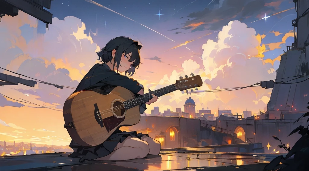 (masterpiece:1.3), (the best quality:1.2), 

masterpiece,night,(dark alley),star、Night Sky、Overlooking the city、
(1 girl), (独奏), Knee hugging sitting，acousticguitar