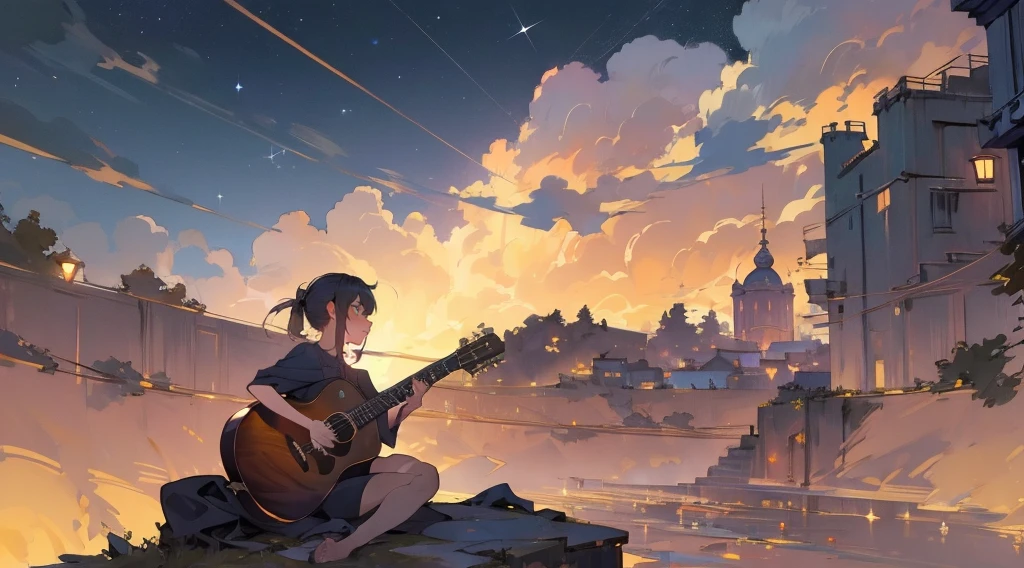 (masterpiece:1.3), (the best quality:1.2), 

masterpiece,night,(dark alley),star、Night Sky、Overlooking the city、milky way、Back view、
(1 girl), (solo), Knee hugging sitting，acousticguitar