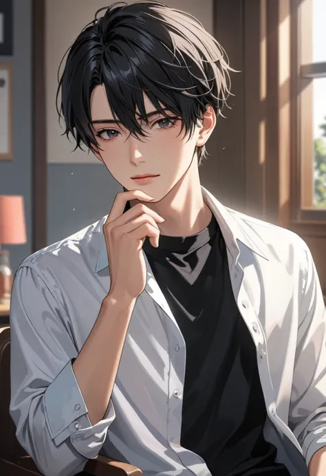 Highest quality, High resolution, Attention to detail, Super Detail, Handsome man with short black hair, Wearing a high school b...