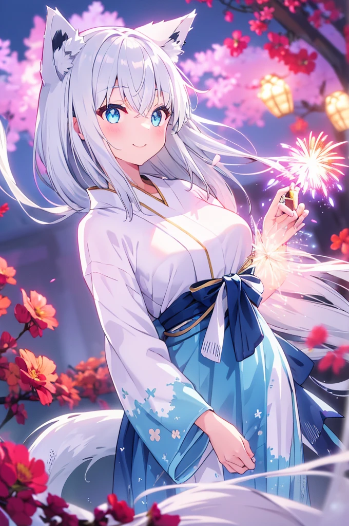 Beautiful wolf girl, Silver Hair, Wolf Year, tail, Bright Blue Eyes, Icy, (Glowing Eyes), (Magic Eye), smile, full moon, firework, night, yukata, Very detailed, Natural light, Vibrant colors, whole body, Wide-angle lens, masterpiece, High resolution,