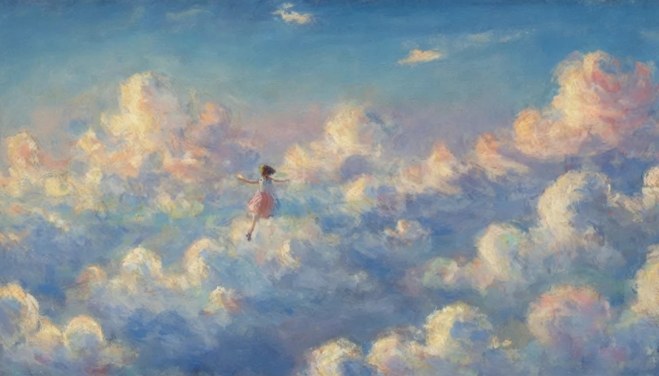 (view from above the clouds:1.6), girl flying in the sky、holding a bouquet、beautiful face、(oil pastel:1.4), crazy paint、dark blue sky、white cumulonimbus cloudasterpiece、best quality、golden ratio、impressionism、pastel colors、impressionist painting、