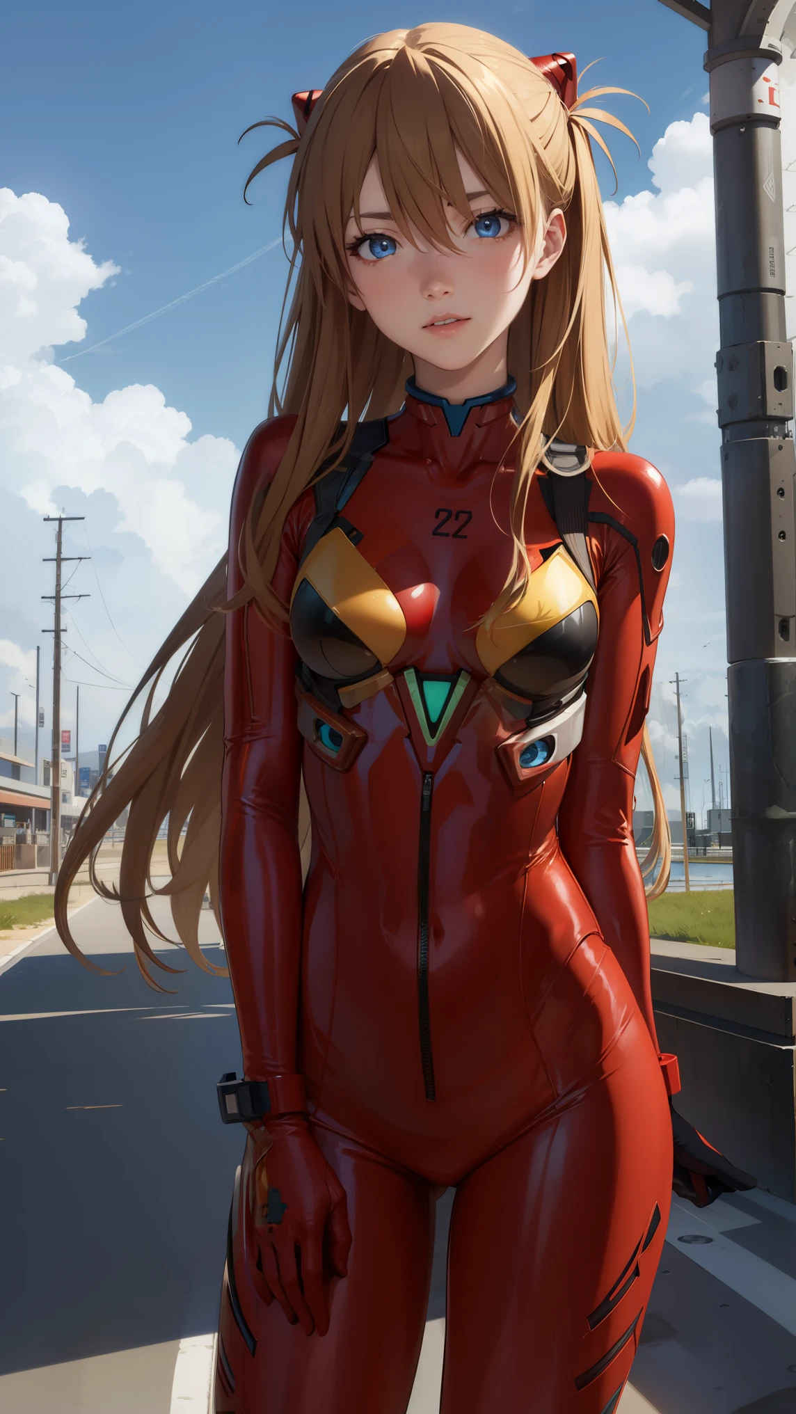 asukalangley, asuka langley soryu, (souryuu asuka langley:1.2), long hair, bangs, blue eyes, brown hair, hair ornament,
BREAK bodysuit, pilot suit, plugsuit, (red bodysuit:1.5), interface headset,
BREAK outdoors, city, sky, clouds, sun,
BREAK looking at viewer, (cowboy shot:1.5),
BREAK (masterpiece:1.2), best quality, high resolution, unity 8k wallpaper, (illustration:0.8), (beautiful detailed eyes:1.6), extremely detailed face, perfect lighting, extremely detailed CG, (perfect hands, perfect anatomy),